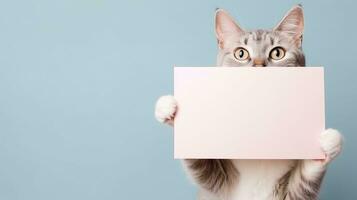 AI generated Cat Holding A Blank Paper for Copy Space. Advertisement, Content, Information Concept photo