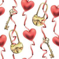 Gold metal padlock with a hole, key heart shape and heart red suspended on red ribbons. Hand drawn watercolor illustration. Seamless pattern on a white background. Vector EPS