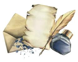 Writing supplies papyrus paper, craft envelope, gold feather, ink in a glass jar, ribbon and splashes. Hand drawn watercolor illustration. Isolated composition on a white background. Vector EPS