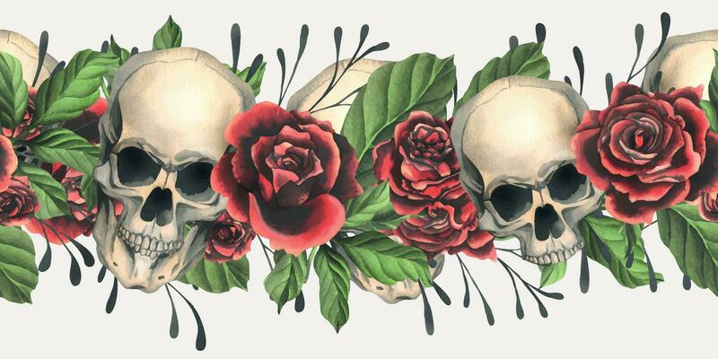 Human skulls realistic with black and red roses, green leaves and black branches. Hand drawn watercolor illustration. Creepy seamless board for decoration and design Vector EPS