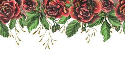 Redblack rose flowers with green leaves and buds, chic, bright, beautiful. Hand drawn watercolor illustration. Seamless border a white background, for decoration and design Vector EPS