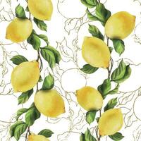 Lemons are yellow, juicy, ripe with green leaves, flower buds on the branches, whole and slices. Watercolor, hand drawn botanical illustration. Seamless pattern on a white background. Vector EPS