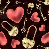 Gold metal padlock with a hole and key heart shape, red hearts. Hand drawn watercolor illustration. Seamless pattern on a dark background. Vector EPS