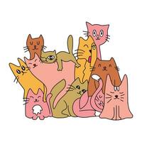 un montón de lindos gatos coloridos. fondo de gatos. gatos lindos y divertidos garabatos conjunto de vectores. colección de personajes de dibujos animados de gatos o gatitos en estilo plano en diferentes poses vector