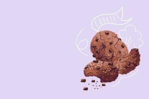 Chocolate cookies. Doodle.Vector crunchy dessert with chocolate pieces. Vector illustration in cartoon style. A piece of finished chocolate cookies with scattered crumbs. Vector mockup for print