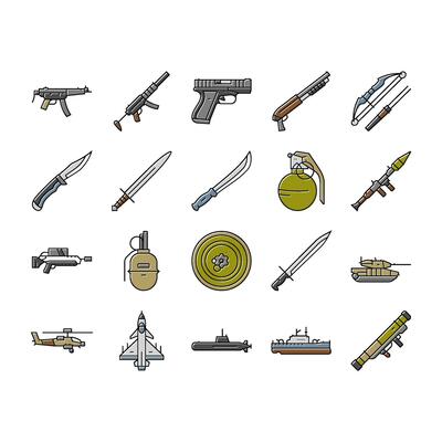 weapon war gun military army icons set vector