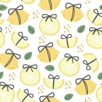 Seamless pattern of cute lemon with bow on white background.Leaf and fruit hand drawn.Nature.Summer.Farm.Print screen.Kawaii.Vector.Illustration. vector