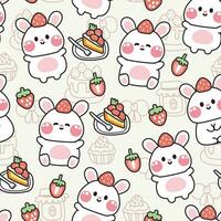 Seamless pattern of cute rabbit with strawberry cake background.Rodent animal character cartoon design.Bunny.Sweet,dessert,bakery.Kawaii.Vector.Illustration.Illustrator. vector