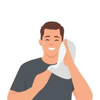 Man drying off with towel after sweating at gym while doing exercises or playing sport. vector