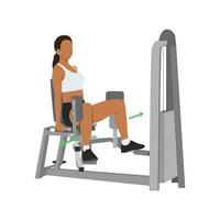 Woman doing exercise using Abductor thigh machine. Abductor workout. vector
