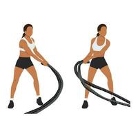 Woman doing Battle rope snakes exercise. Flat vector illustration isolated on white backgroun