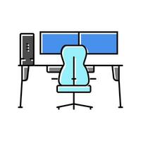 table monitor computer chair home office color icon vector illustration