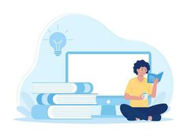 woman reading a book with a computer in the background concept flat illustration vector