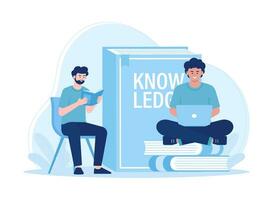 people read and search for knowledge in books and on the internet concept flat illustration vector