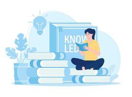 mujer sentado en un pila de libros y leyendo concepto plano ilustración vector