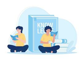 two women reading books to learn knowledge concept flat illustration vector