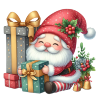 schattig gnoom de kerstman claus tekenfilm hand- trek tekenfilm stijl en Kerstmis boom Aan wit achtergrond, waterverf clip art Aan PNG transparantie