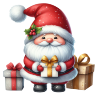 linda gnomo Papa Noel claus dibujos animados mano dibujar dibujos animados estilo y Navidad árbol en blanco fondo, acuarela clipart en png transparencia