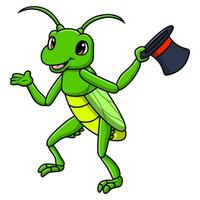 Cute grasshopper cartoon holding hat vector