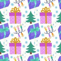 Seamless vector pattern for Christmas with gift boxes and Christmas trees. Hand-drawn design. Cartoon illustration. A festive pattern for packaging or textiles. Stock illustration