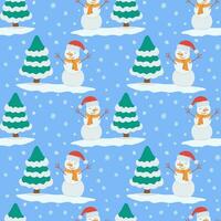 Vector seamless Christmas pattern with a Christmas tree, snowflakes and a snowman on a blue background. Suitable for textiles, gift cards and gift wrapping paper.