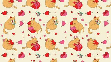 süß Katzen mit Valentinsgrüße Dekorationen Animation Schleife Hintergrund. Video eben Karikatur Animation Design Element. 4k Video Aufnahmen