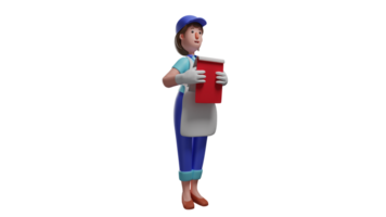 3D illustration. Waiter 3D cartoon character. The waiter carrying the red note. Diligent servants who are checking the food supplies they have. 3D cartoon character png