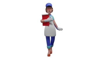 3D illustration. Beautiful Nutrition Staff 3D cartoon character. The nutrition staff is checking something the other staff is doing. The nutrition staff carries a red notebook. 3D cartoon character png