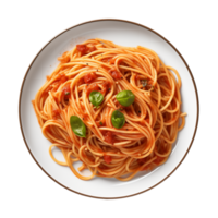 ai generiert ein Teller von Spaghetti oben Aussicht auf ein transparent Hintergrund, png