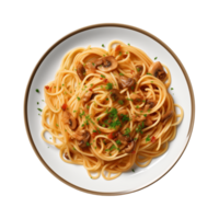 ai generiert ein Teller von Spaghetti oben Aussicht auf ein transparent Hintergrund, png