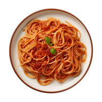 ai generiert ein Teller von Spaghetti oben Aussicht auf ein transparent Hintergrund, png