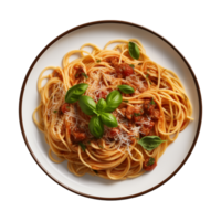 ai généré une assiette de spaghetti Haut vue sur une transparent arrière-plan, png