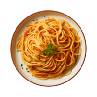 ai generiert ein Teller von Spaghetti oben Aussicht auf ein transparent Hintergrund, png