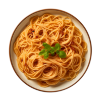 ai généré une assiette de spaghetti Haut vue sur une transparent arrière-plan, png