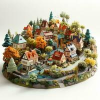 AI generated 3D miniature village model on a white background photo