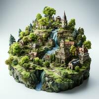 AI generated 3D miniature village model on a white background photo