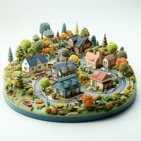 AI generated 3D miniature village model on a white background photo