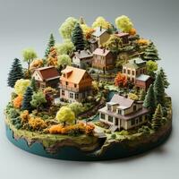 AI generated 3D miniature village model on a white background photo