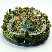 AI generated 3D miniature village model on a white background photo