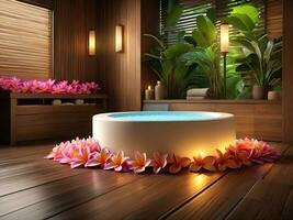 AI generated Spa treatment aroma therapy with candles, Stones and flowers for relax wellness. photo