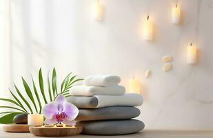 AI generated Spa treatment aroma therapy with candles, Stones and flowers for relax wellness. photo