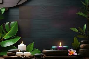 AI generated Spa treatment aroma therapy with candles, Stones and flowers for relax wellness. photo