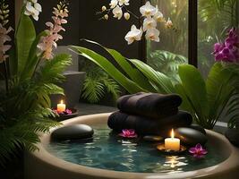 AI generated Spa treatment aroma therapy with candles, Stones and flowers for relax wellness. photo