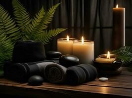 AI generated Spa treatment aroma therapy with candles, Stones and flowers for relax wellness. photo