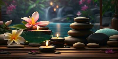 AI generated Spa treatment aroma therapy with candles, Stones and flowers for relax wellness. photo