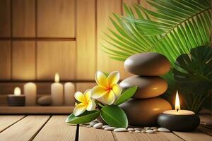 AI generated Spa treatment aroma therapy with candles, Stones and flowers for relax wellness. photo