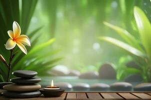 AI generated Spa treatment aroma therapy with candles, Stones and flowers for relax wellness. photo