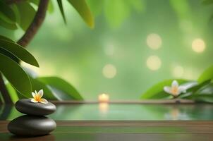 AI generated Spa treatment aroma therapy with candles, Stones and flowers for relax wellness. photo