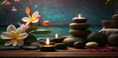 AI generated Spa treatment aroma therapy with candles, Stones and flowers for relax wellness. photo