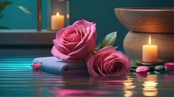 AI generated Spa treatment aroma therapy with candles, Stones and flowers for relax wellness. photo